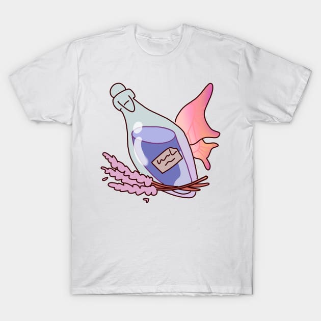 Pale Pink Wings: Glass Bottle with Violet Liquid, Amidst Floral Harmony T-Shirt by FortuneFrenzy